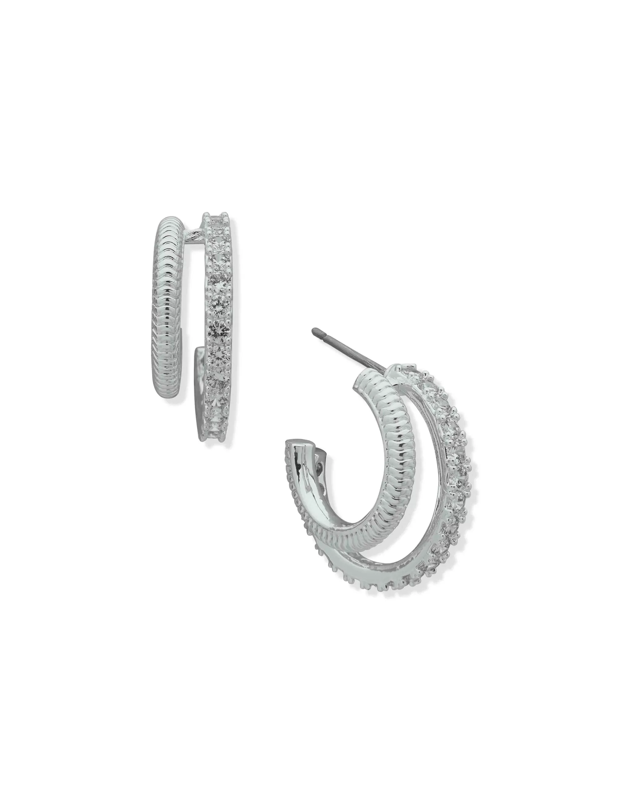 Fashion Anne Klein 20MM 2Row C-Hoop Crystal Earrings