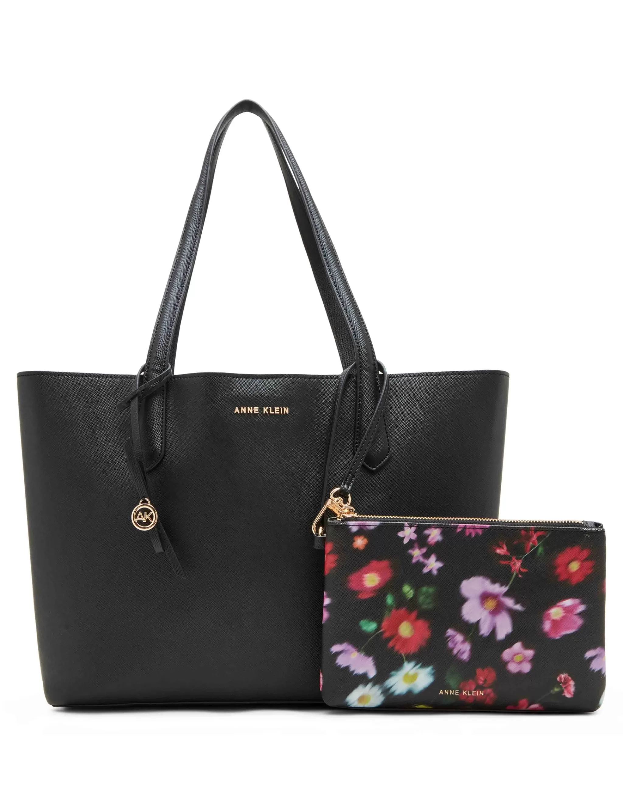 Clearance Anne Klein Bonded Double Compartment Tote With Striped Pouch Black/AK Blurred Floral