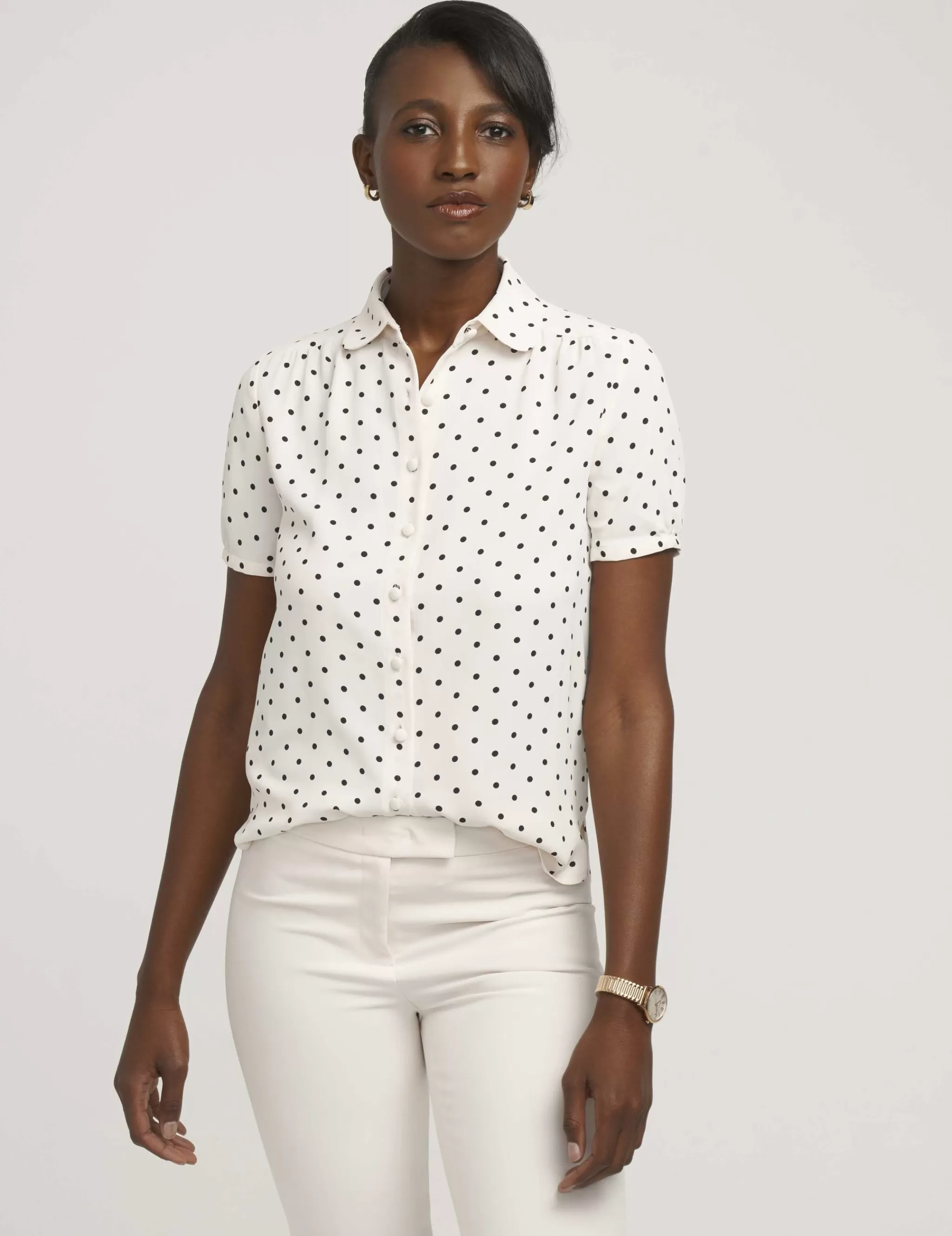 Best Anne Klein Button Down Blouse With Cap Sleeve Anne White/Anne Black