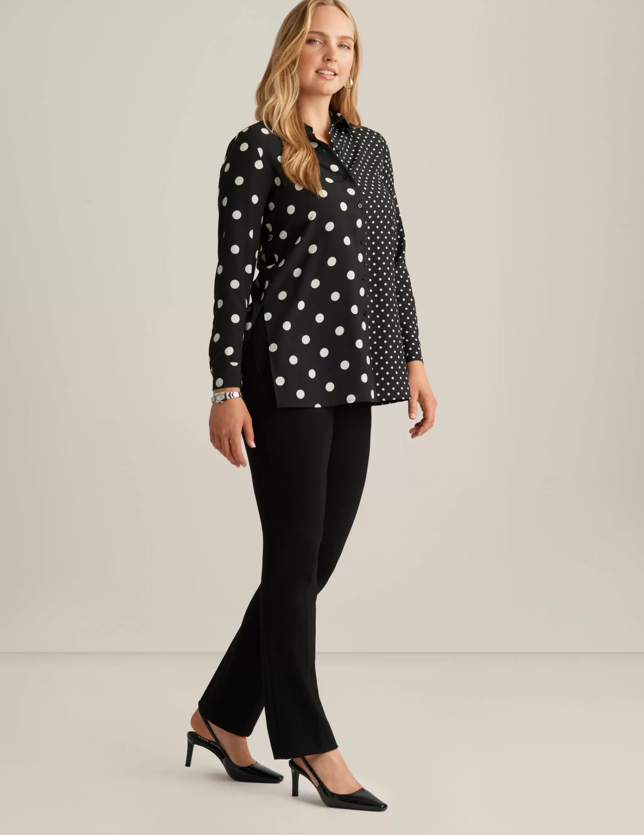 New Anne Klein Button Front Long Sleeve Shirt Bright White/Anne Blac