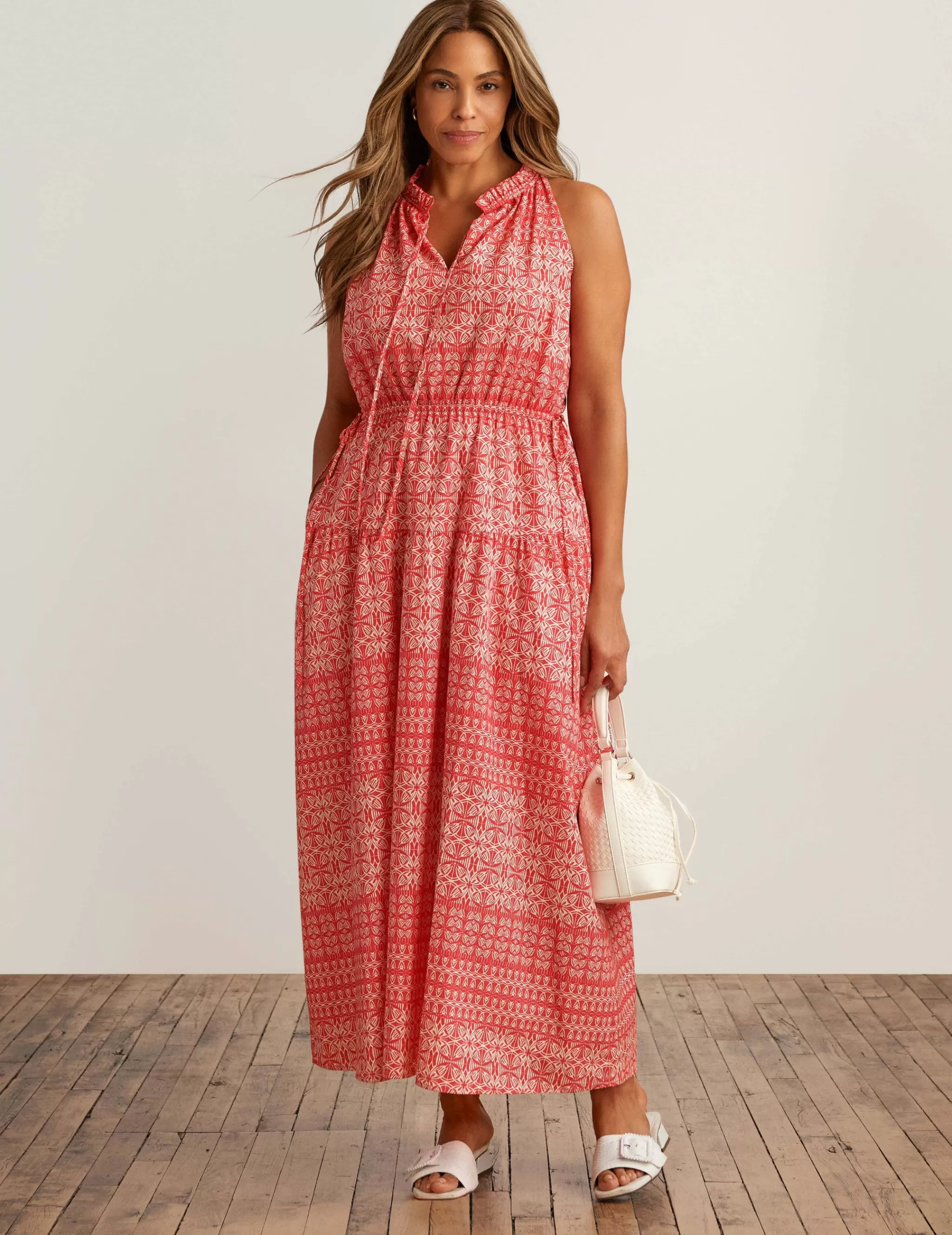 Clearance Anne Klein Drawstring Maxi Dress Hbscs Red/Pearl Wht