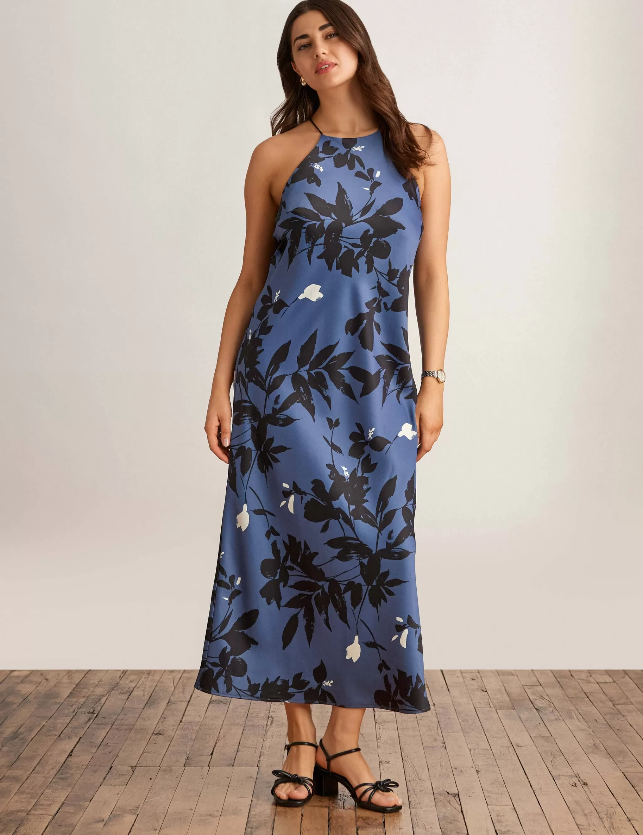 Clearance Anne Klein Halter Bias Slip Dress Blu Jay/Anne Blk Mlt