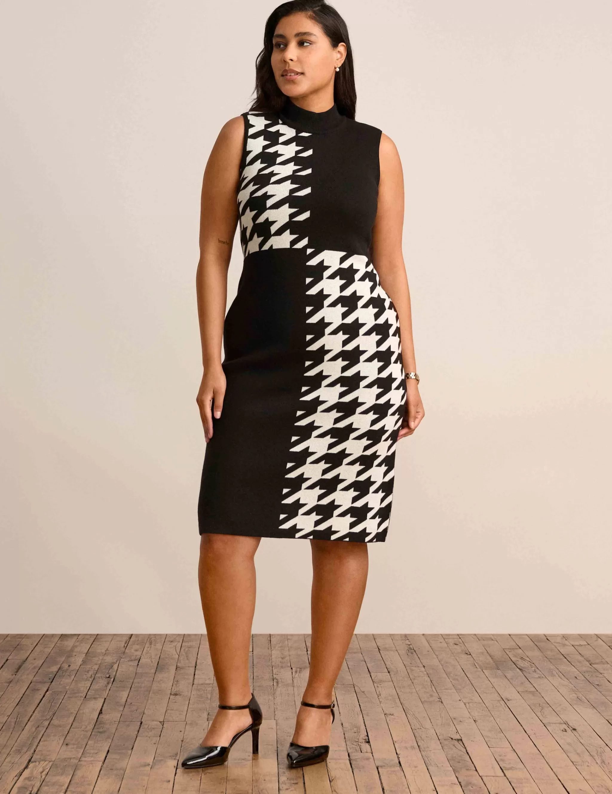 Hot Anne Klein Houndstooth Mock Neck Sweater Dress