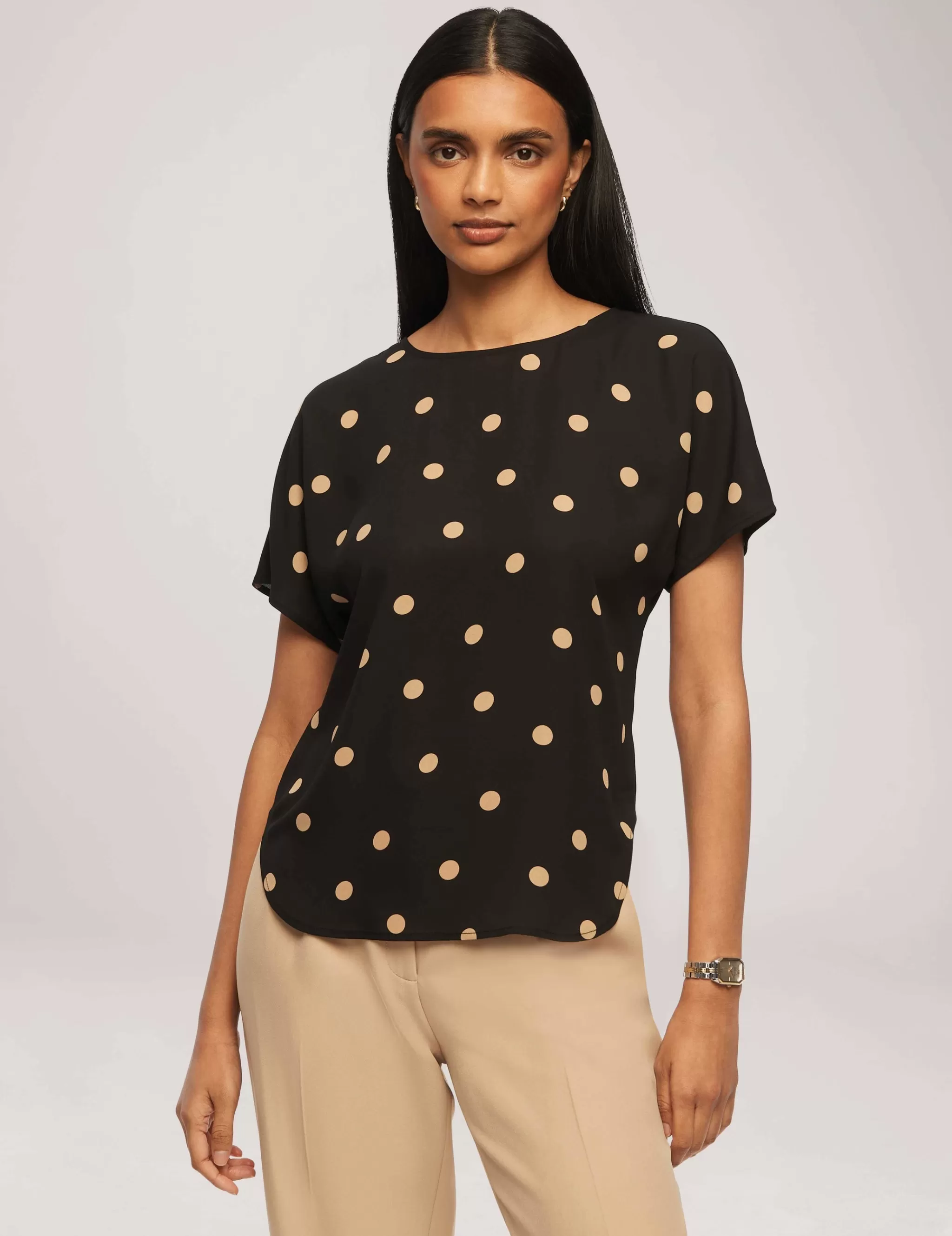 Store Anne Klein Large Dot Bateau Neck Short Sleeve Blouse Anne Black/Latte