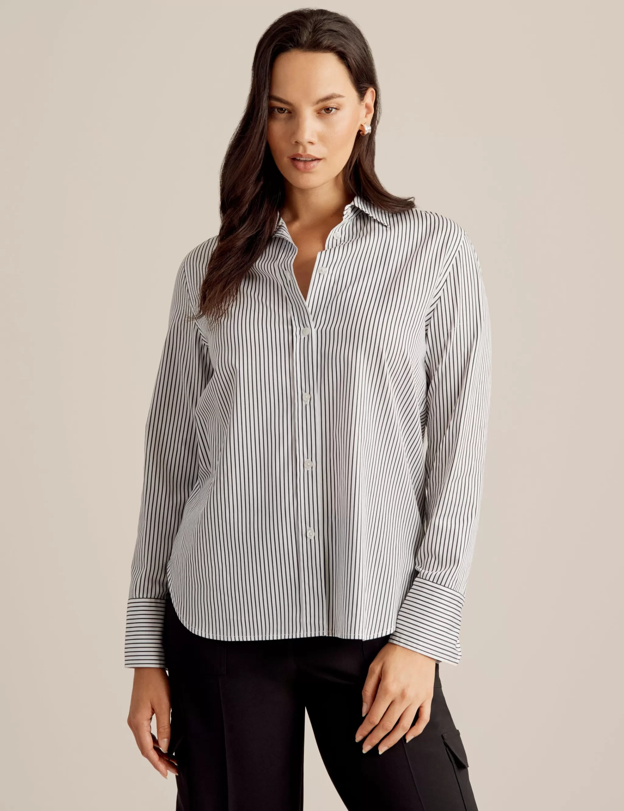 Best Sale Anne Klein Long Sleeve Collared Button Front Shirt Anne Blk/Anne Wht