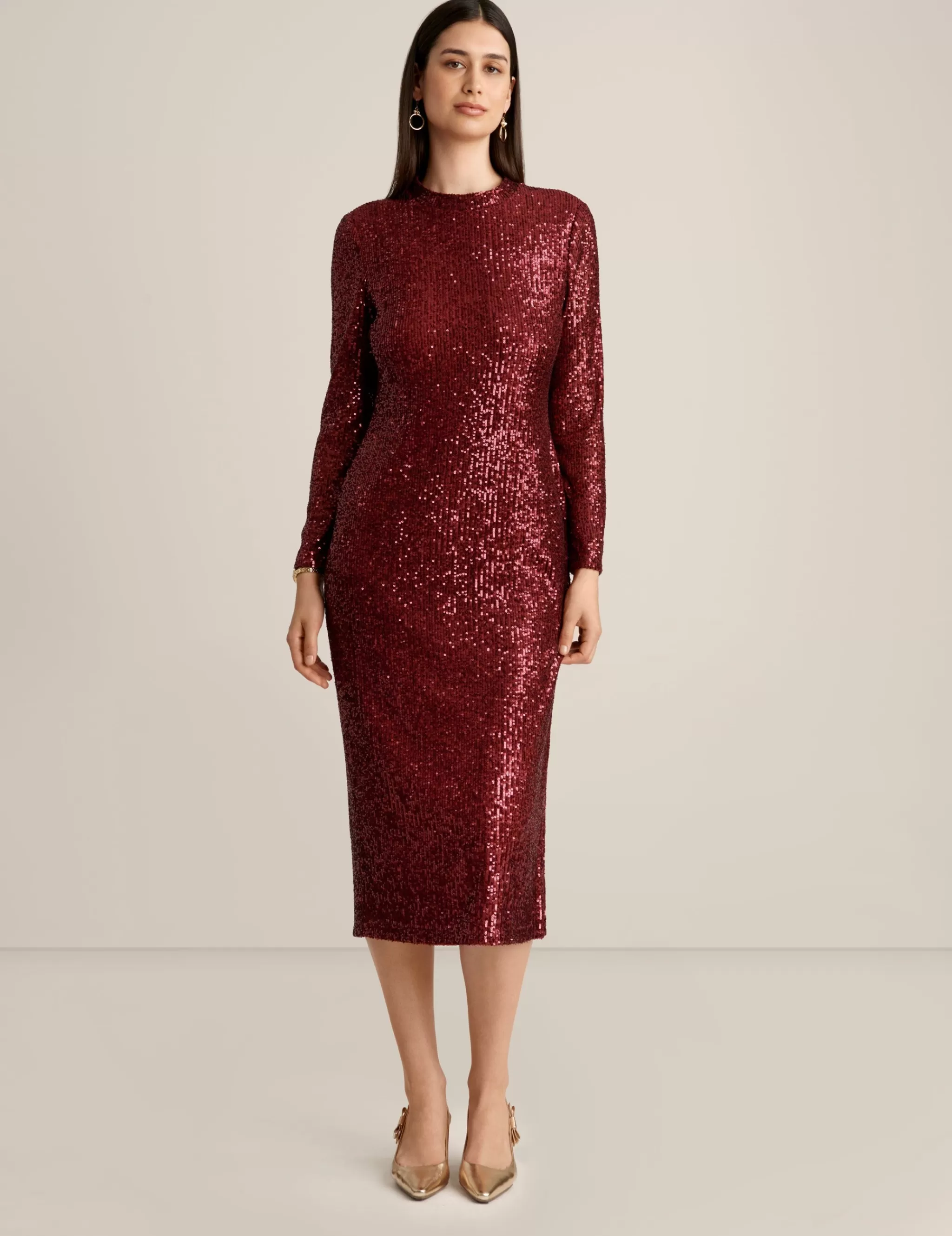 Fashion Anne Klein Long Sleeve Mock Neck Fitted Midi Dress Red Ruby