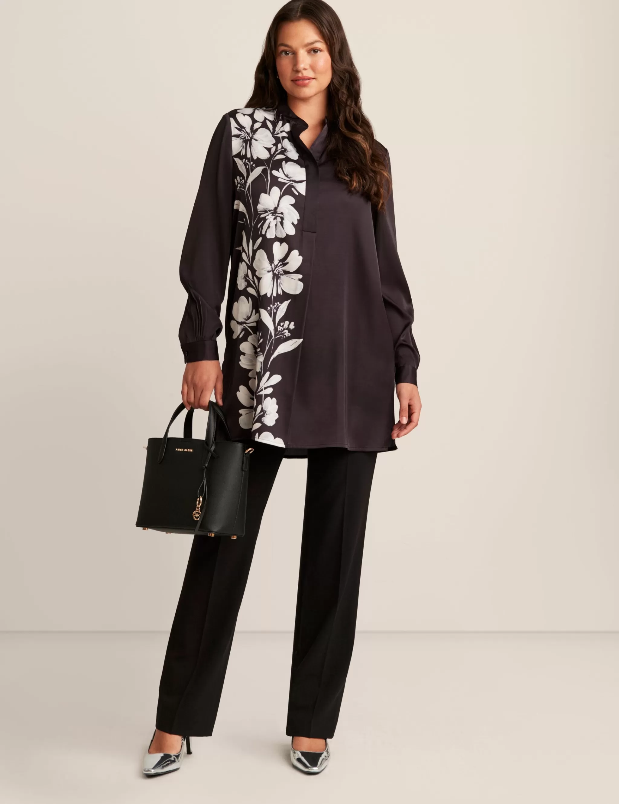 Sale Anne Klein Long Sleeve Popover Tunic Blouse Anne Black Multi