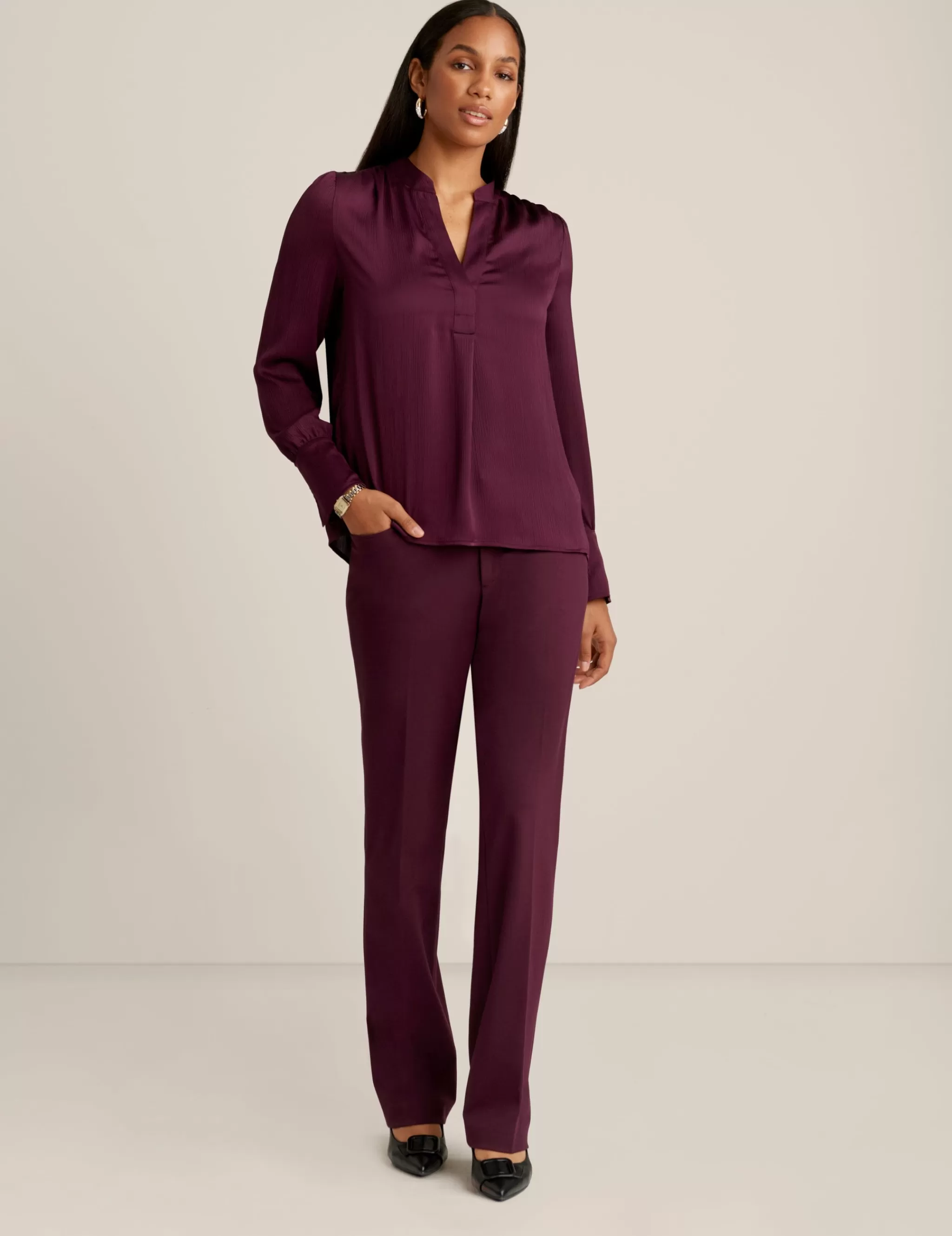 Hot Anne Klein Long Sleeve V Neck Pleat Front Blouse Deep Plum