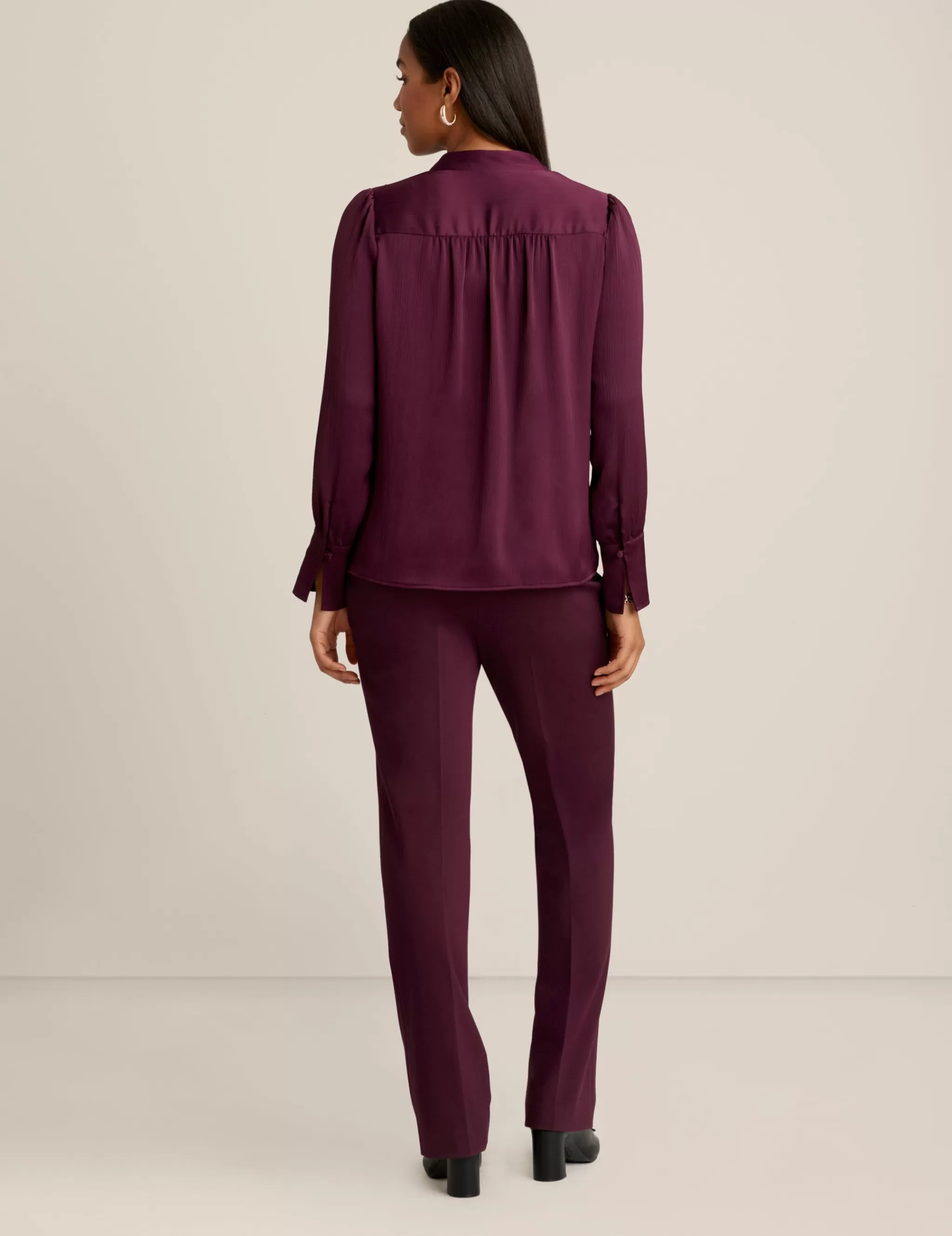 Hot Anne Klein Long Sleeve V Neck Pleat Front Blouse Deep Plum