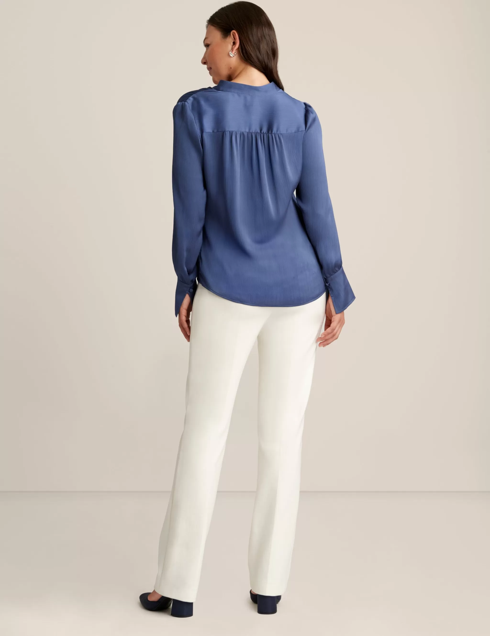Hot Anne Klein Long Sleeve V Neck Pleat Front Blouse Midnight Dusk