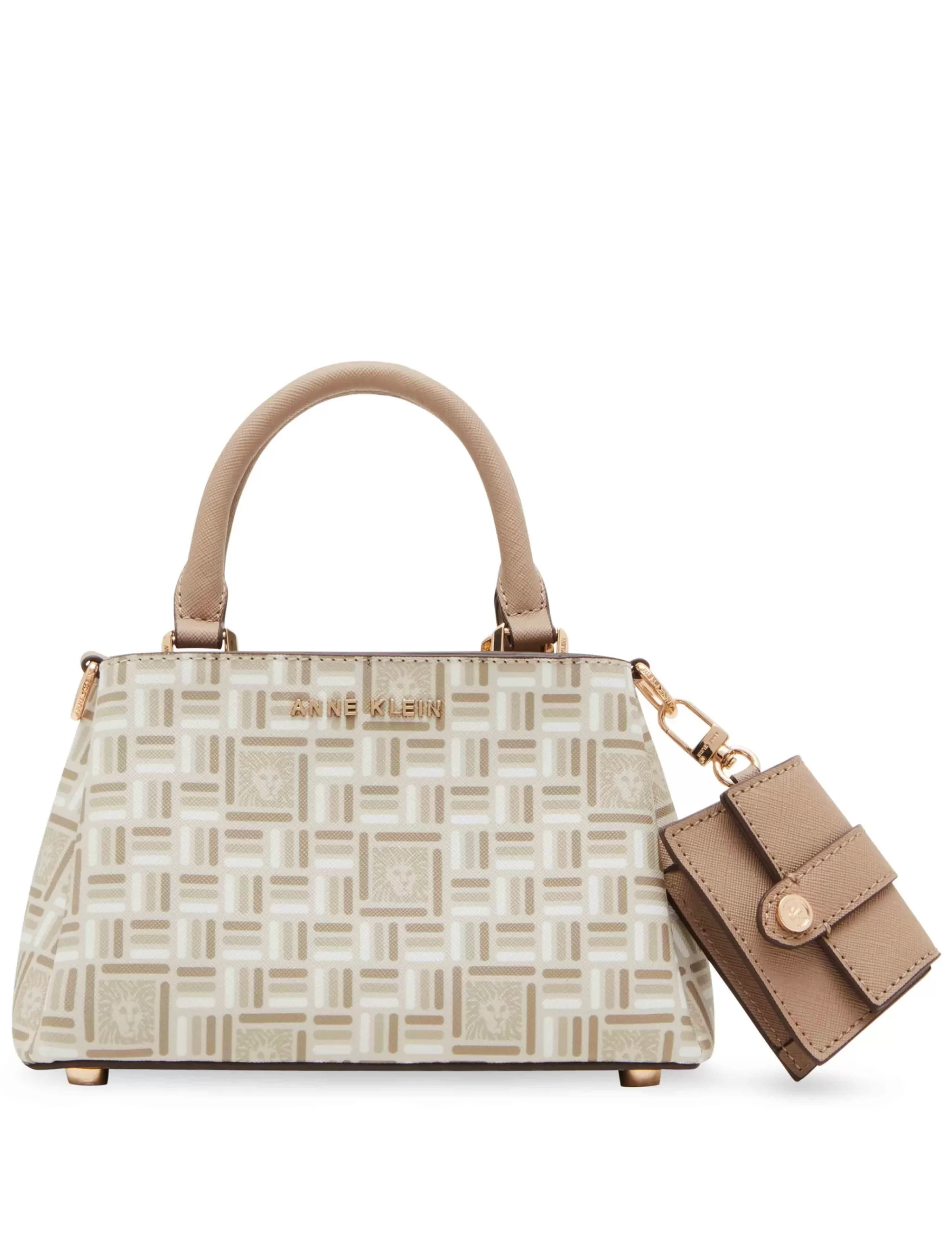 New Anne Klein Mini Triple Compartment Crossbody In Tonal Tile Lion Logo