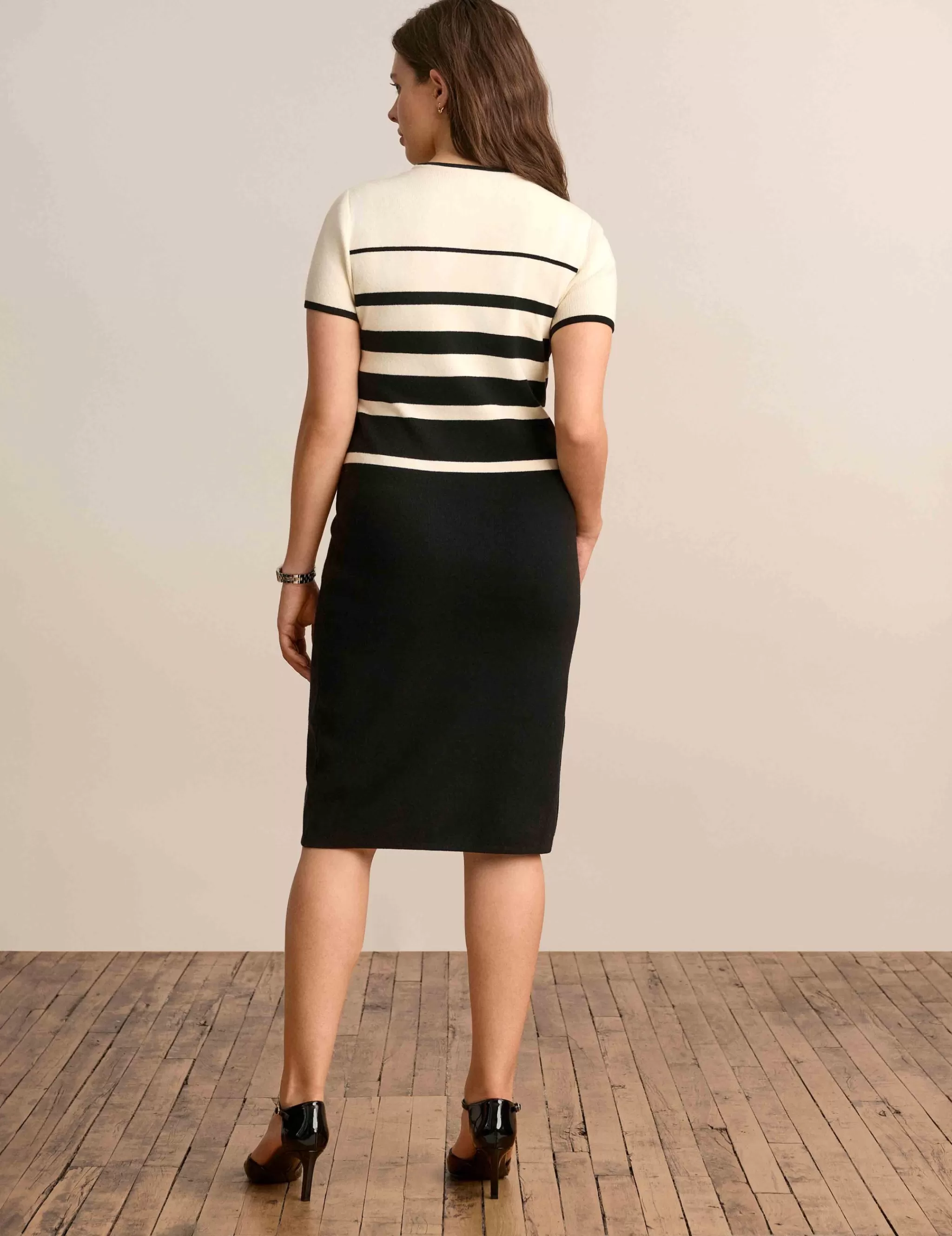 Fashion Anne Klein Multi Stripe Short Sleeve Crew Neck Dress Anne Black/Anne White