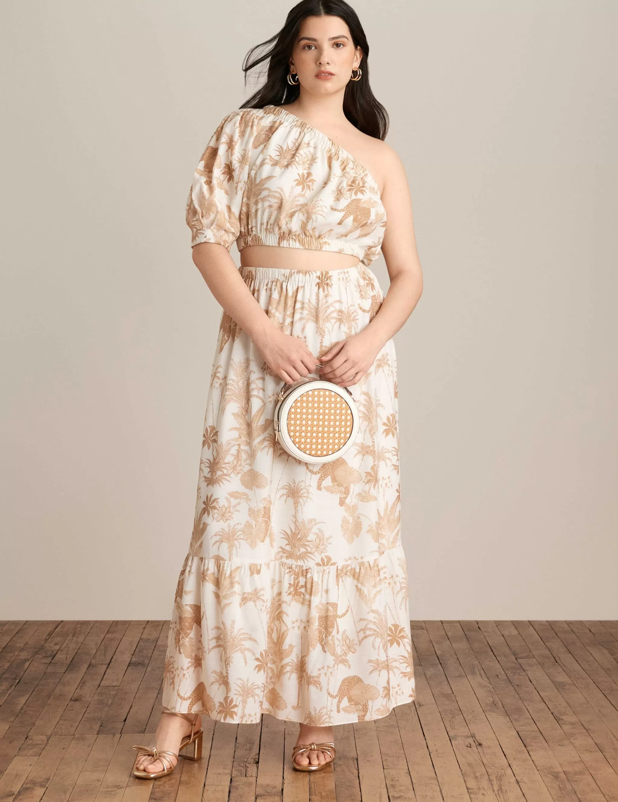 Best Anne Klein One Shoulder Top And Maxi Skirt Set Egret/Desert Tan Multi