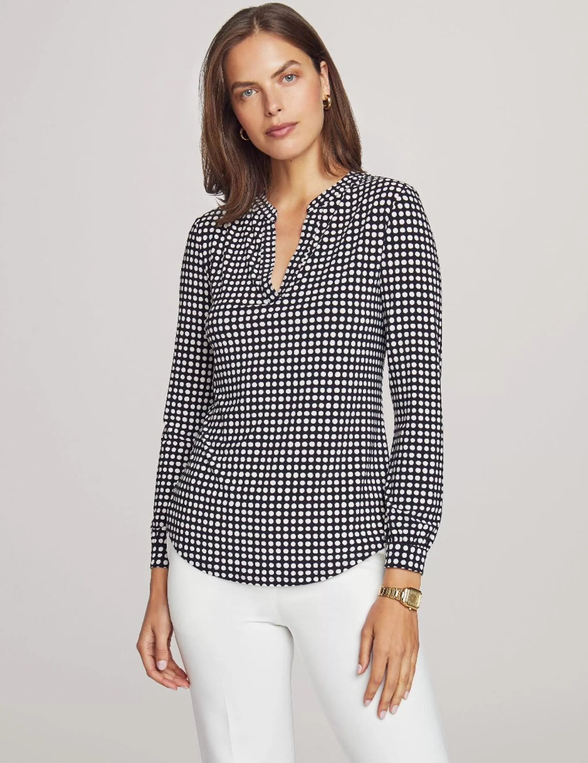 Best Sale Anne Klein Pearly Dot Long Sleeve Split Neck Blouse Anne Black/ Anne White