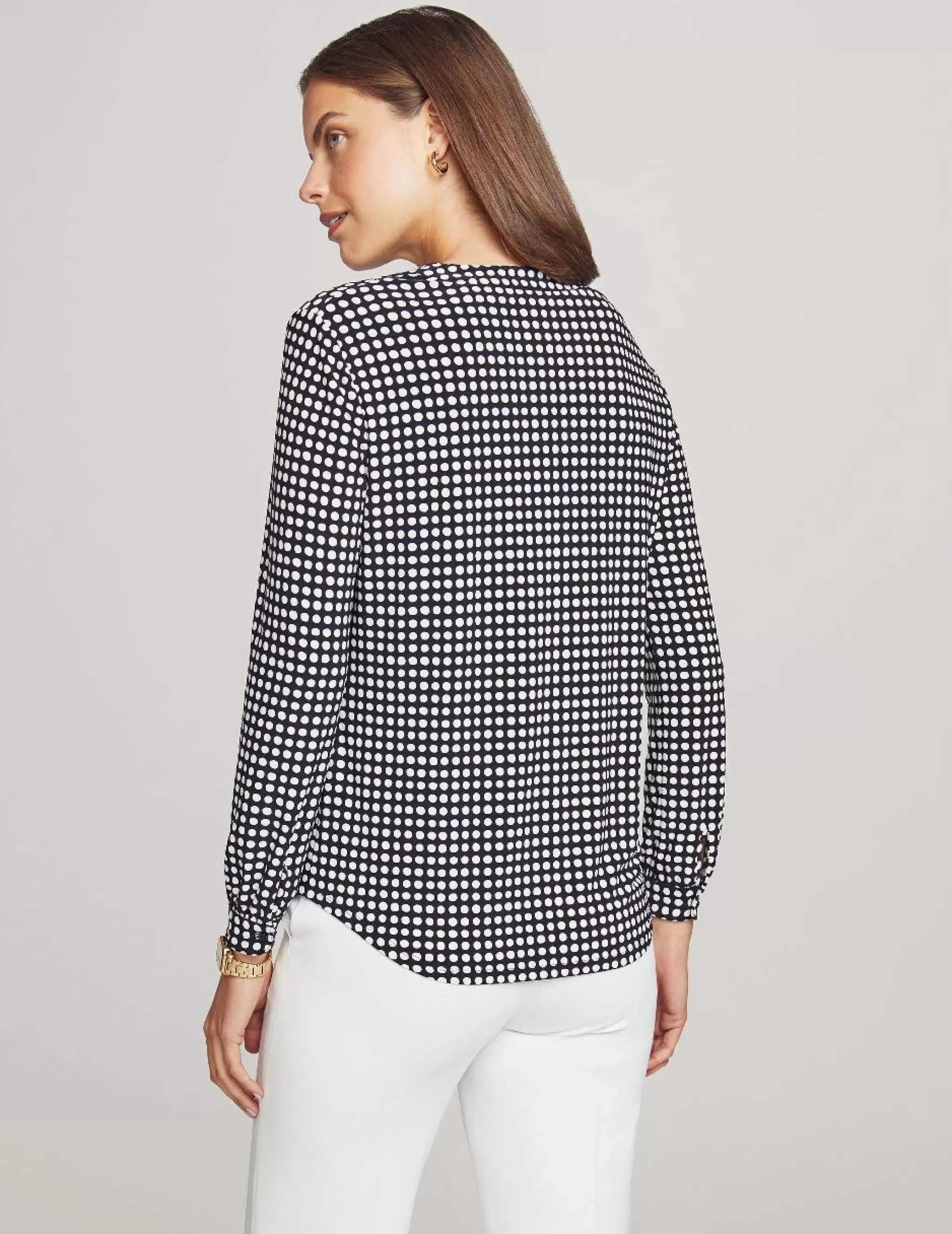 Best Sale Anne Klein Pearly Dot Long Sleeve Split Neck Blouse Anne Black/ Anne White