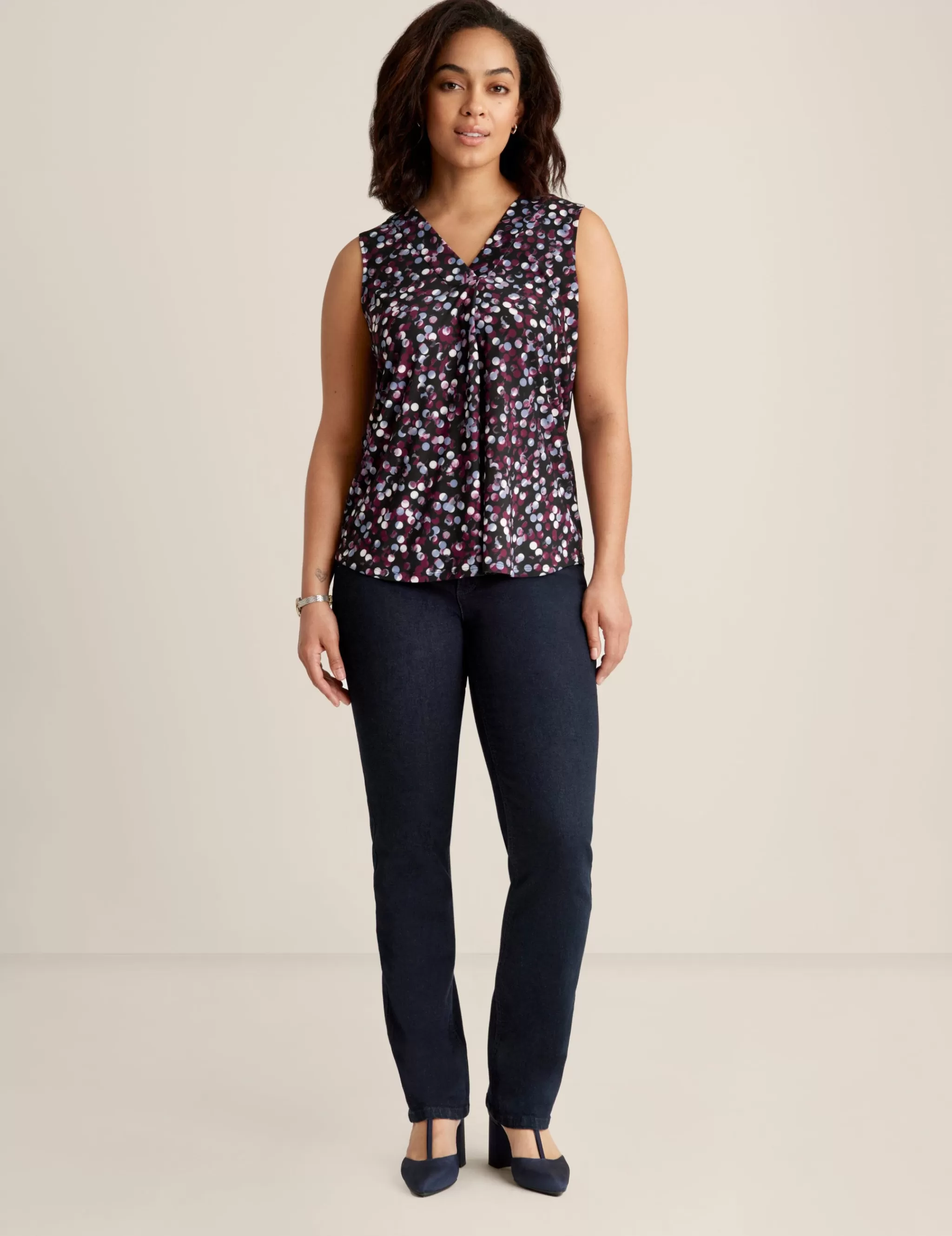 Best Sale Anne Klein Printed Ity Pleat Front Shell Deep Plum Multi