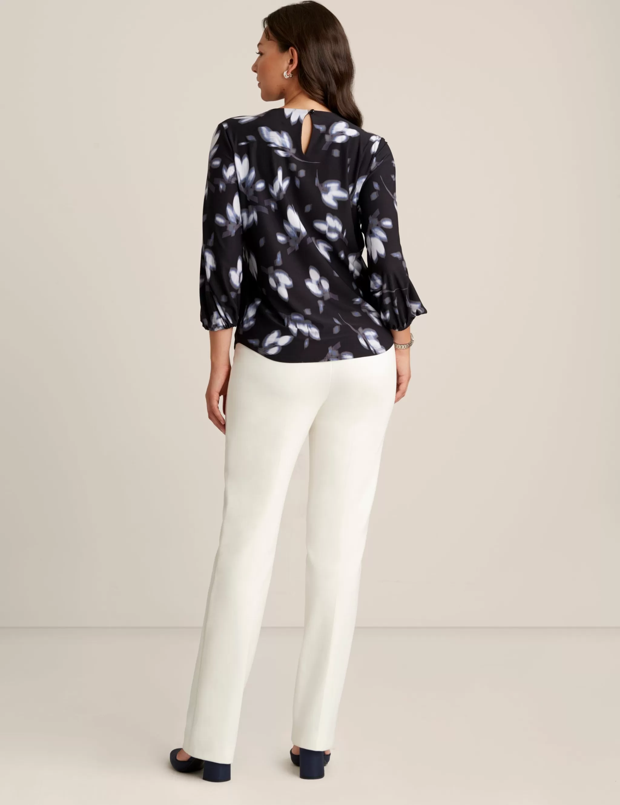 Fashion Anne Klein Printed Pleat Neck Blouson Top Midnight Dusk Multi