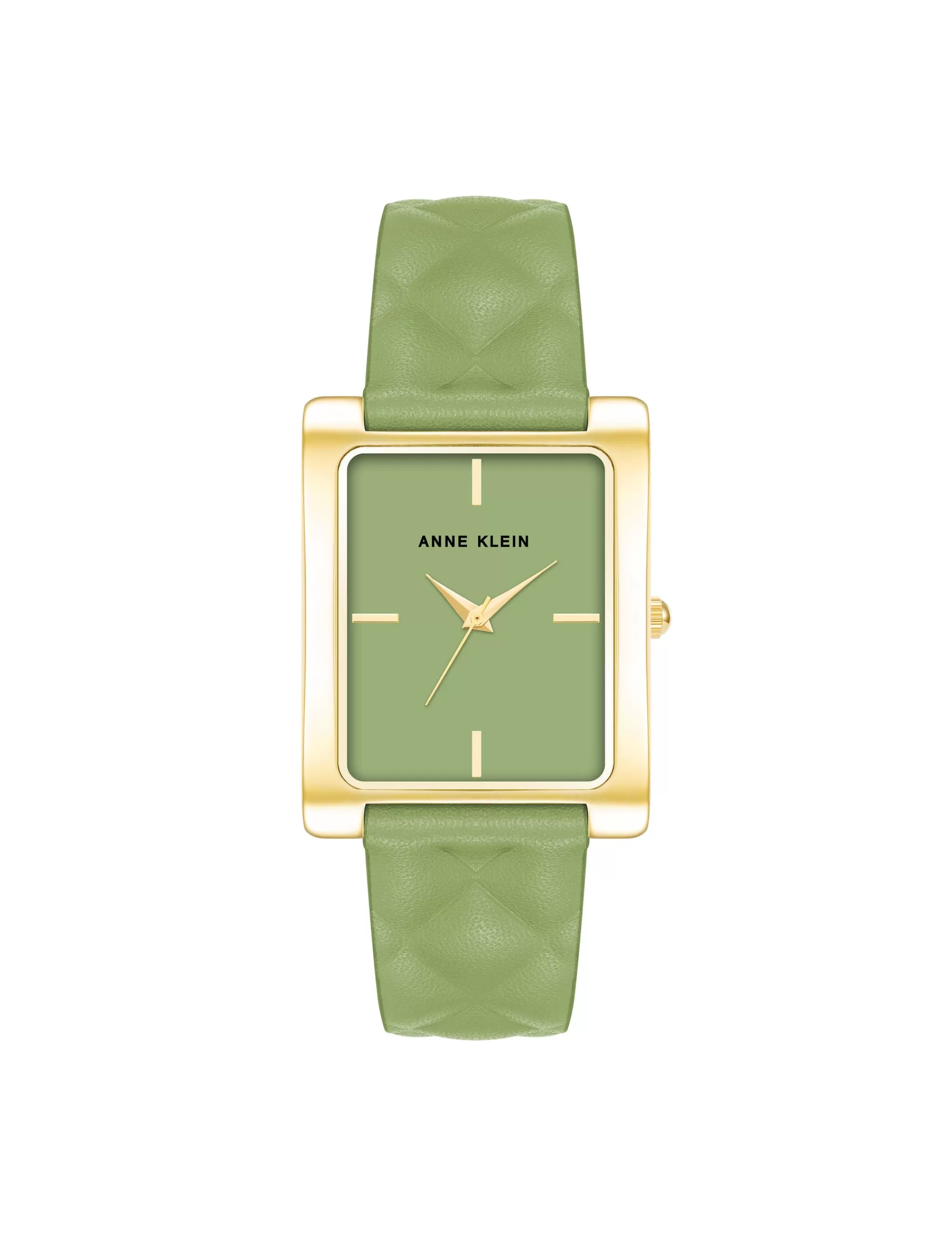 Best Anne Klein Rectangular Case Quilted Leather Band Watch Green/Gold-Tone