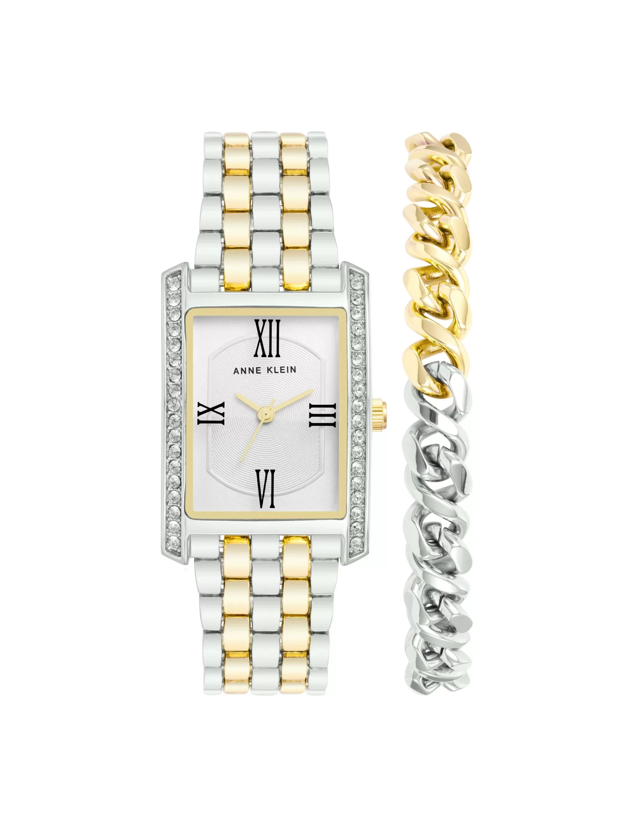 Shop Anne Klein Rectangular Crystal Accented Watch Set With Chain Bracelet Silver-Tone/ Gold-Tone