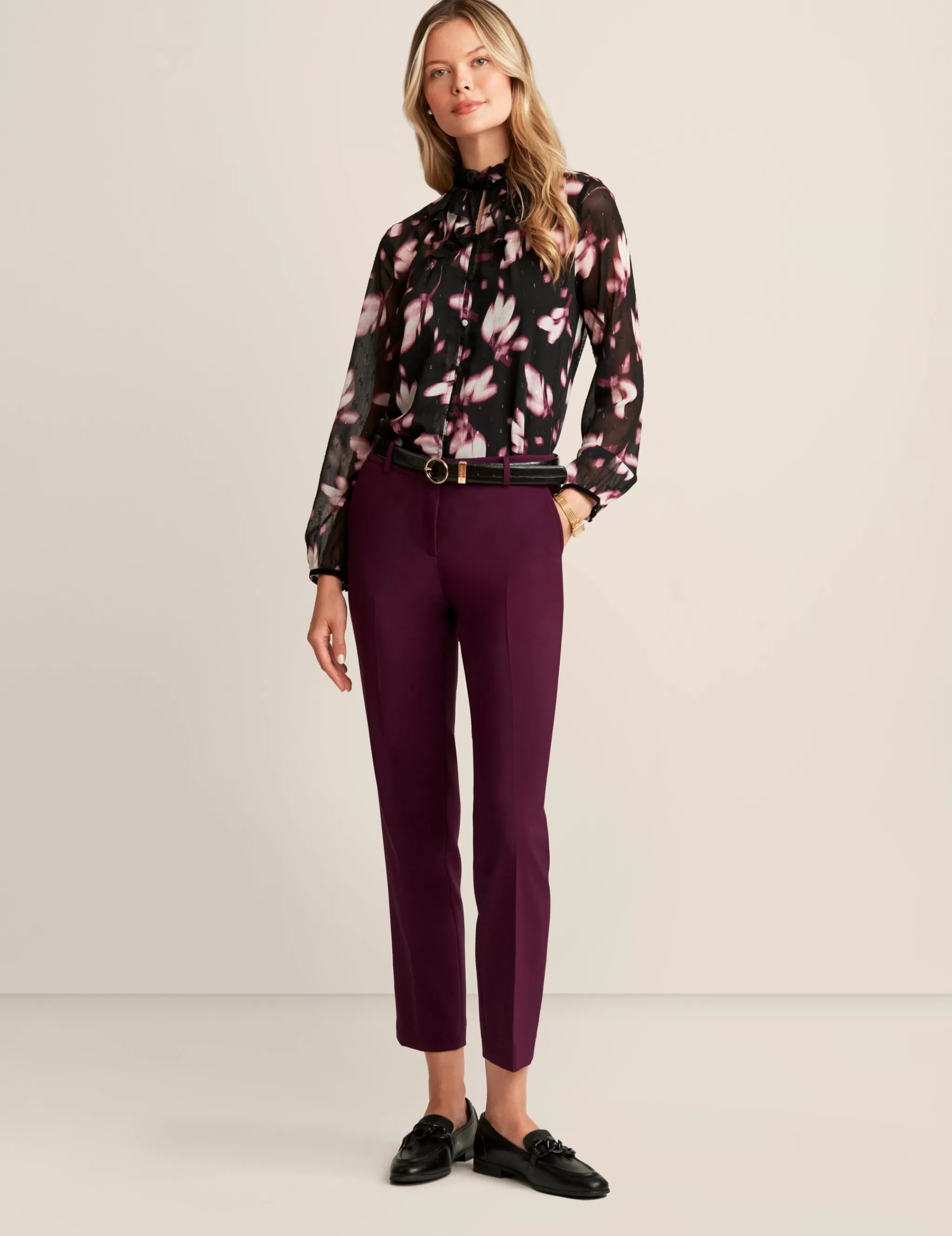 Clearance Anne Klein Ruffle Neck Long Sleeve Blouse Orchid Pink Multi