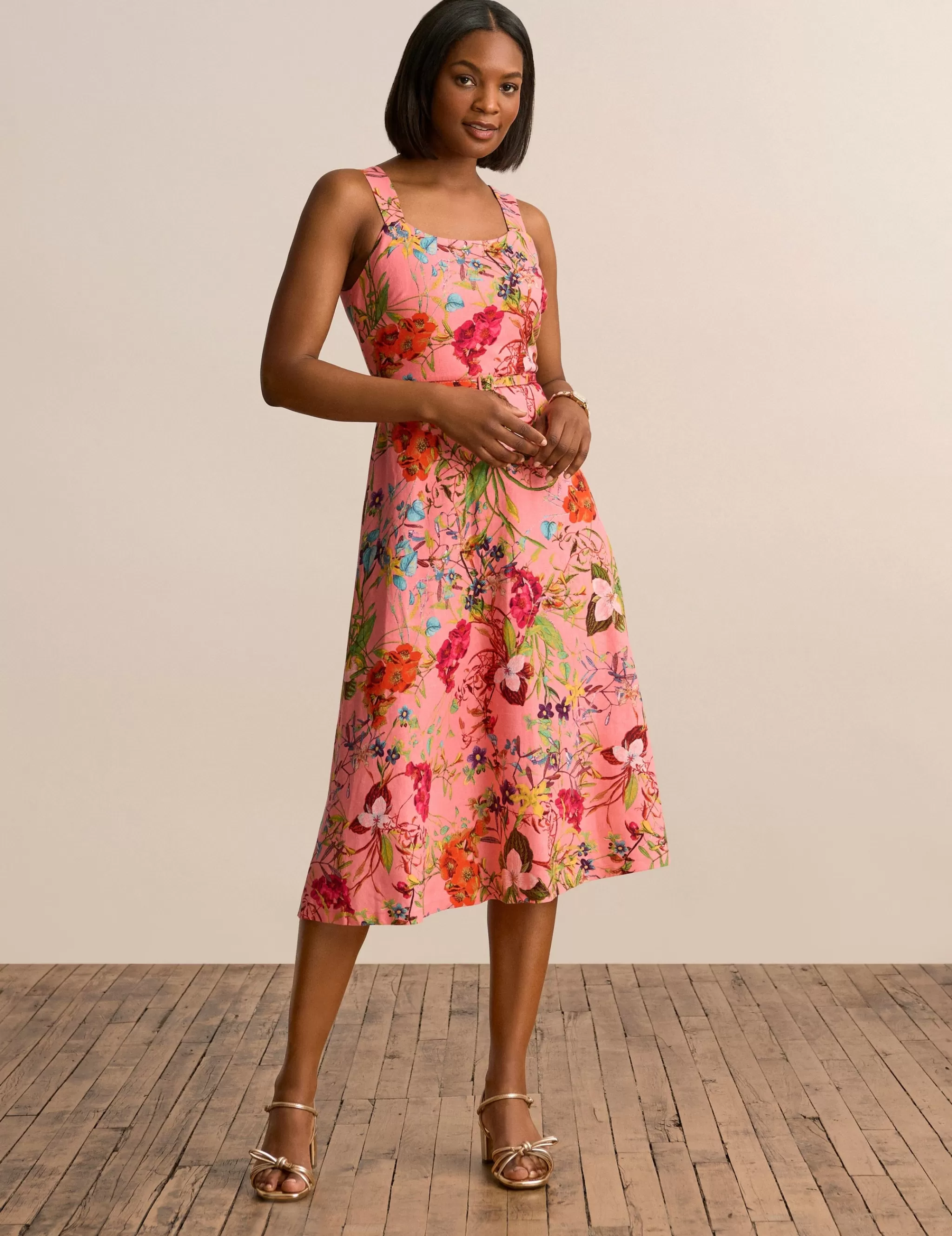 New Anne Klein Scooped Neck A Line Midi Dress Sunkist Coral Multi