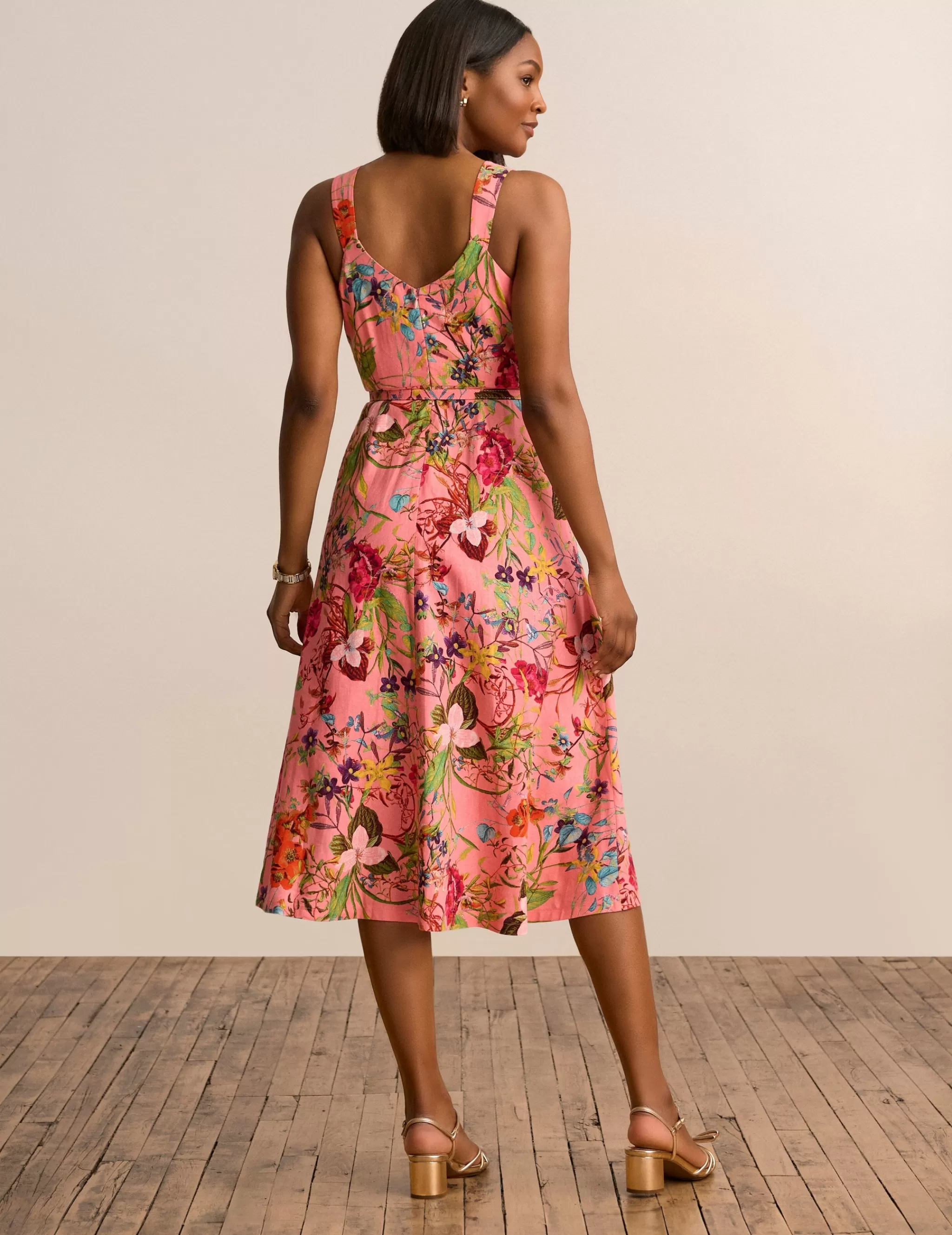 New Anne Klein Scooped Neck A Line Midi Dress Sunkist Coral Multi