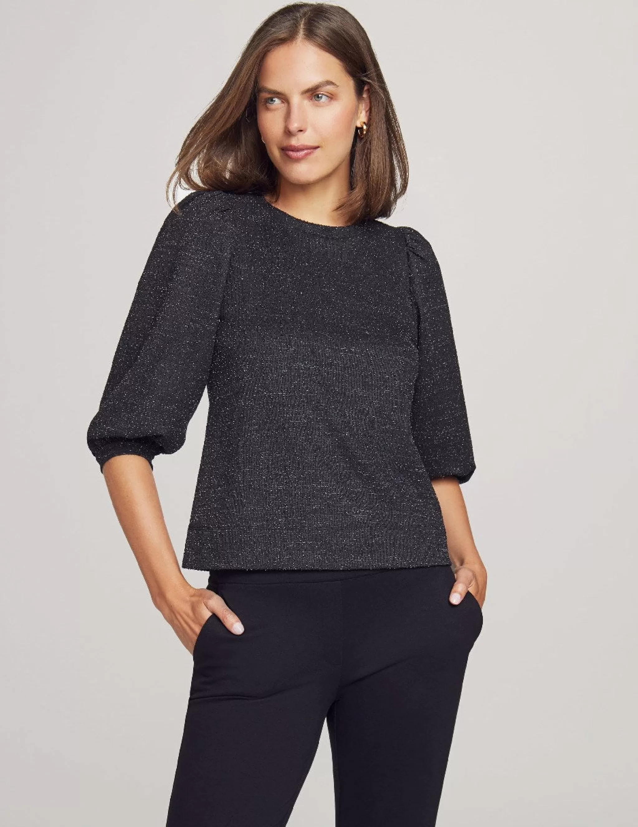 Fashion Anne Klein Shimmer Tweed Balloon Sleeve Pullover Anne Black
