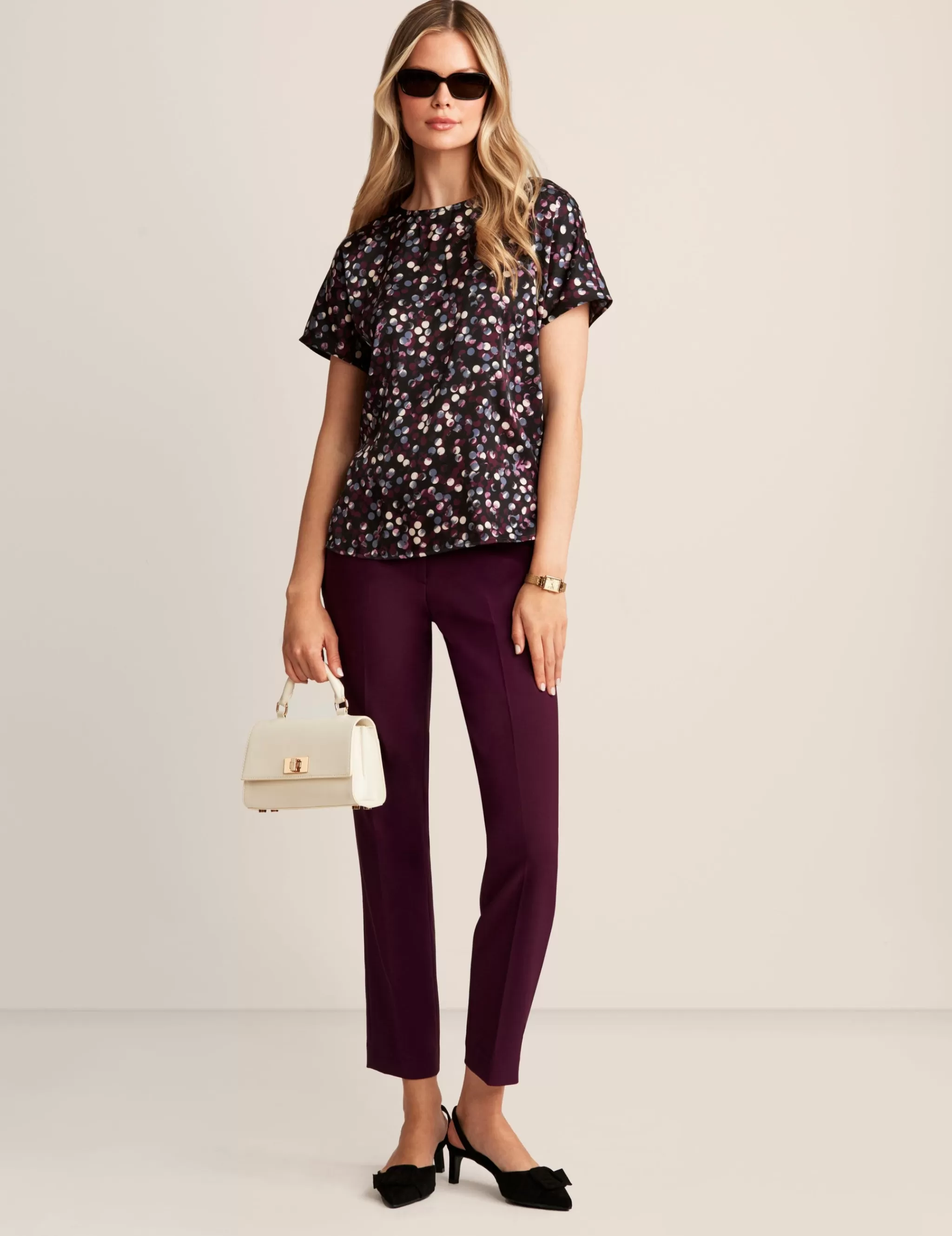 Flash Sale Anne Klein Short Sleeve Blouse With Bateau Neckline Anne Blk/Deep Plum Mlt