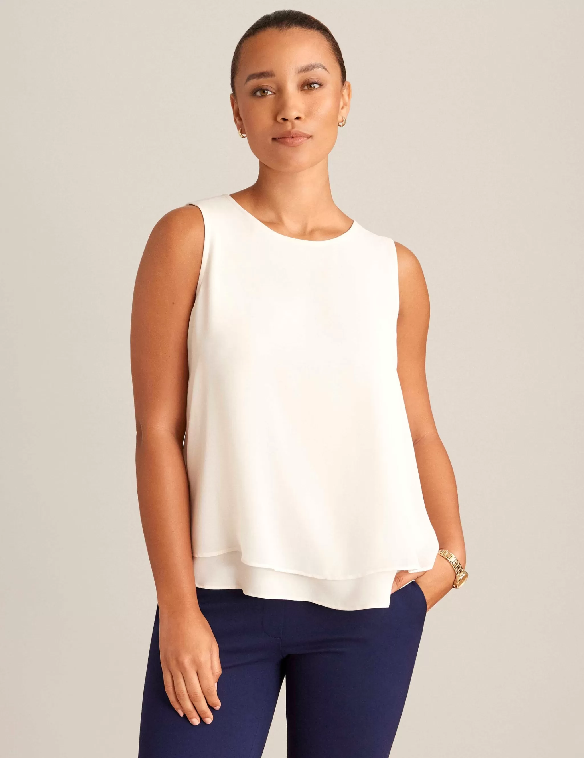 New Anne Klein Sleeveless Double Layer Blouse Anne White