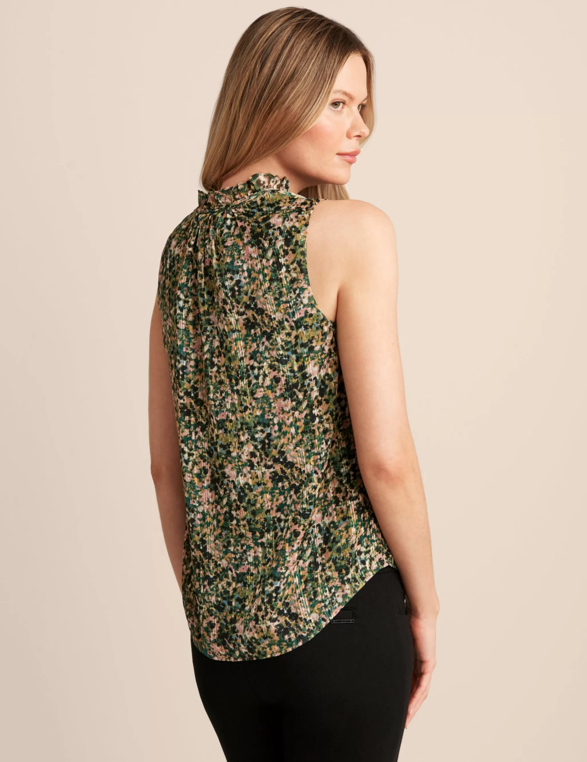 Cheap Anne Klein Sleeveless Ruffle Tie Blouse Pine Forest Multi