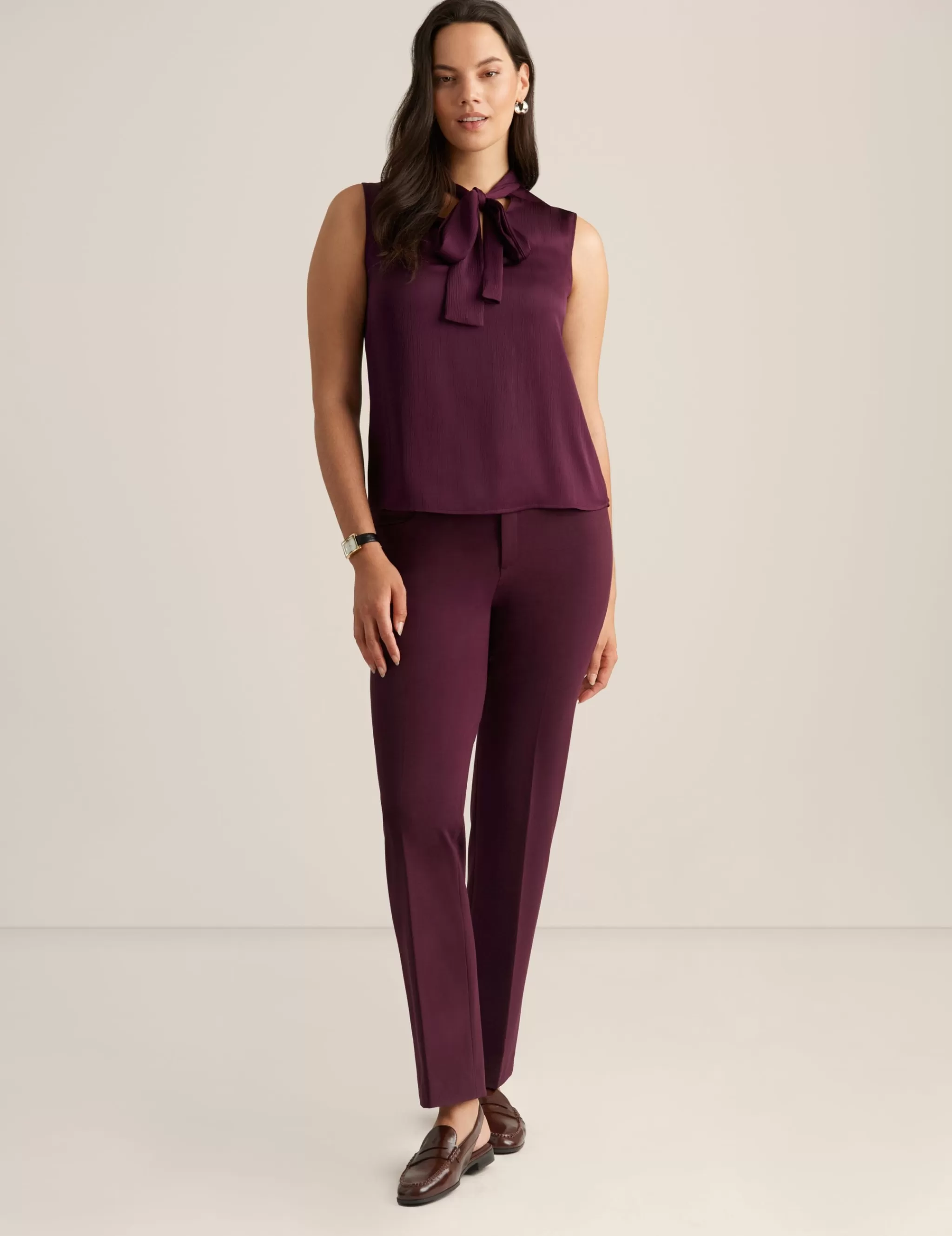 Online Anne Klein Sleeveless Tie Neck Blouse Deep Plum