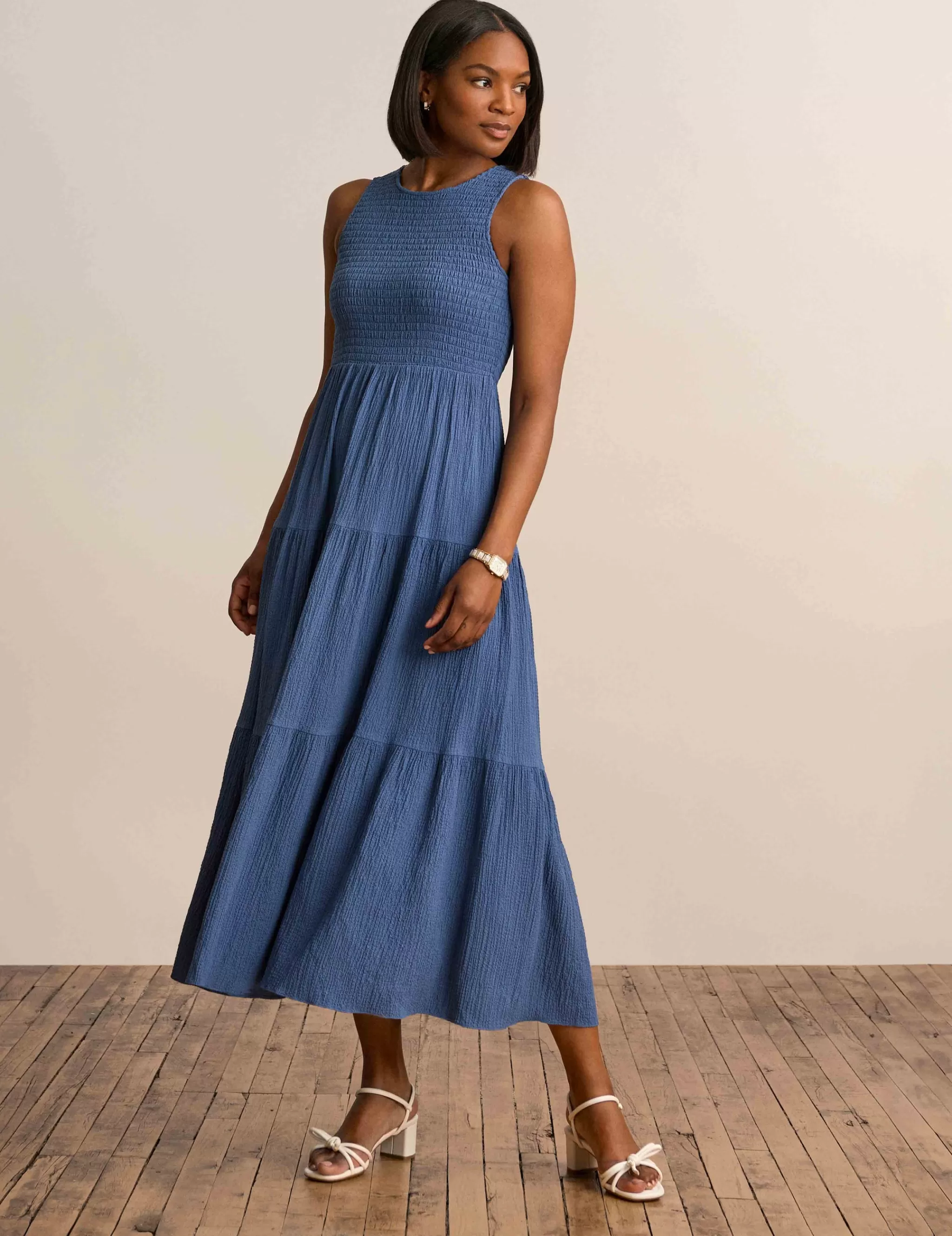 Clearance Anne Klein Smocked Bodice Maxi Dress Blue Jay