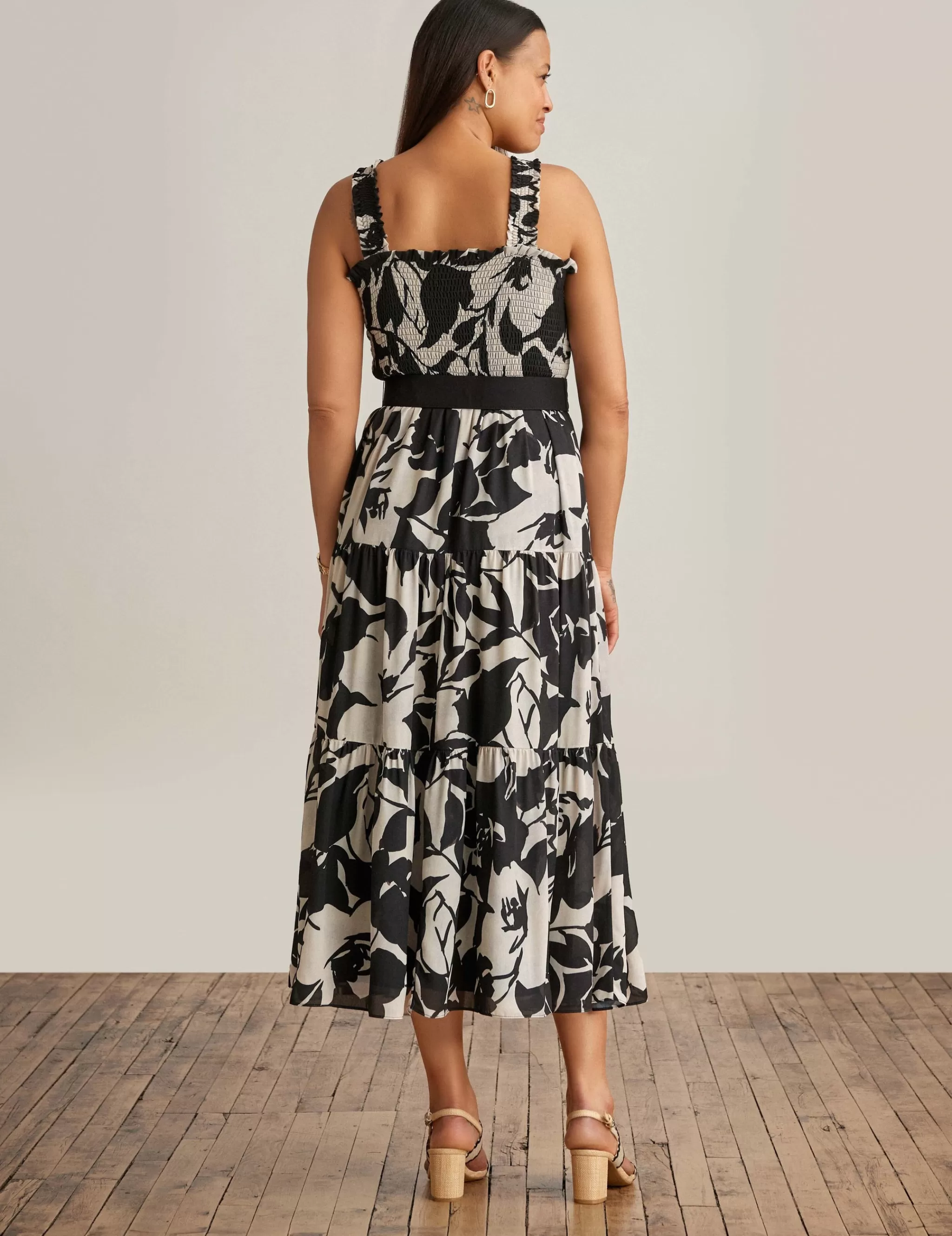 New Anne Klein Smocked Bodice Midi Anne Black/Ivory Shell