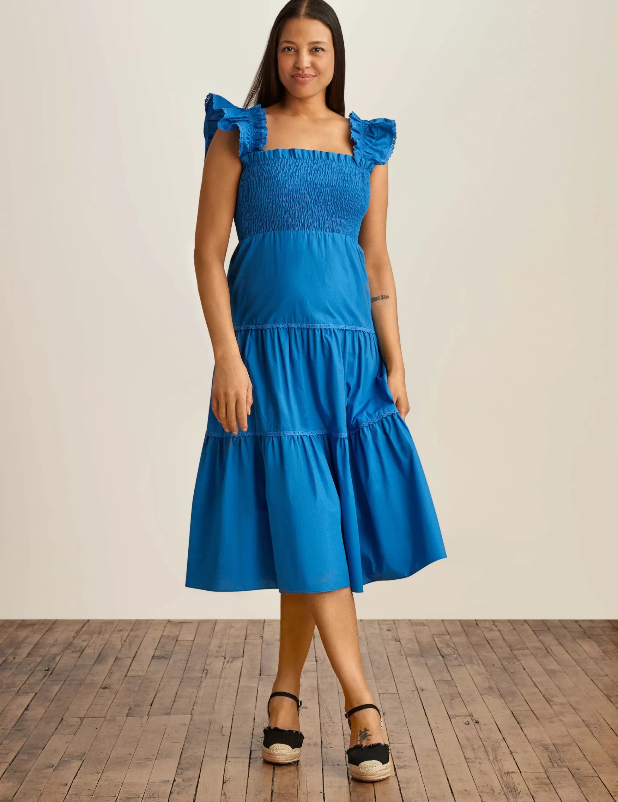 Best Anne Klein Smocked Ruffle Shoulder Tiered Midi Dress Daphne