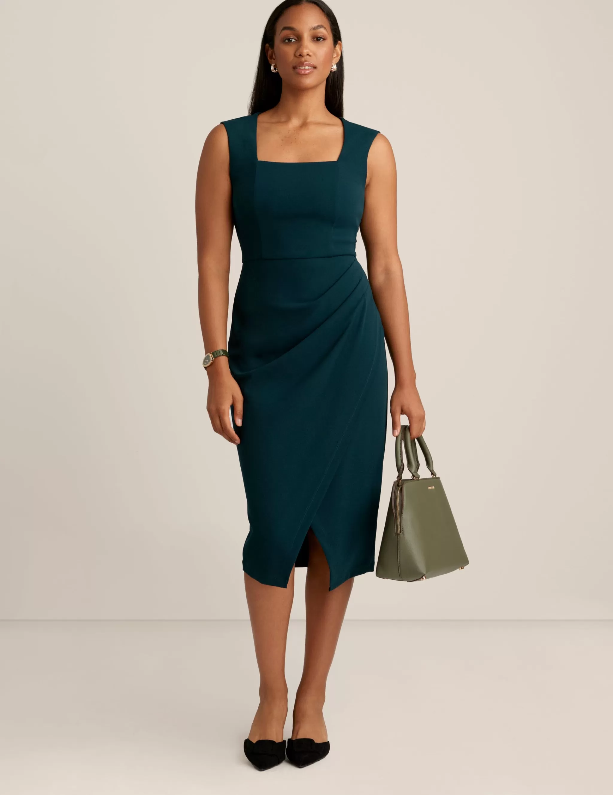 Hot Anne Klein Square Neck Faux Wrap Dress Deep Evergreen