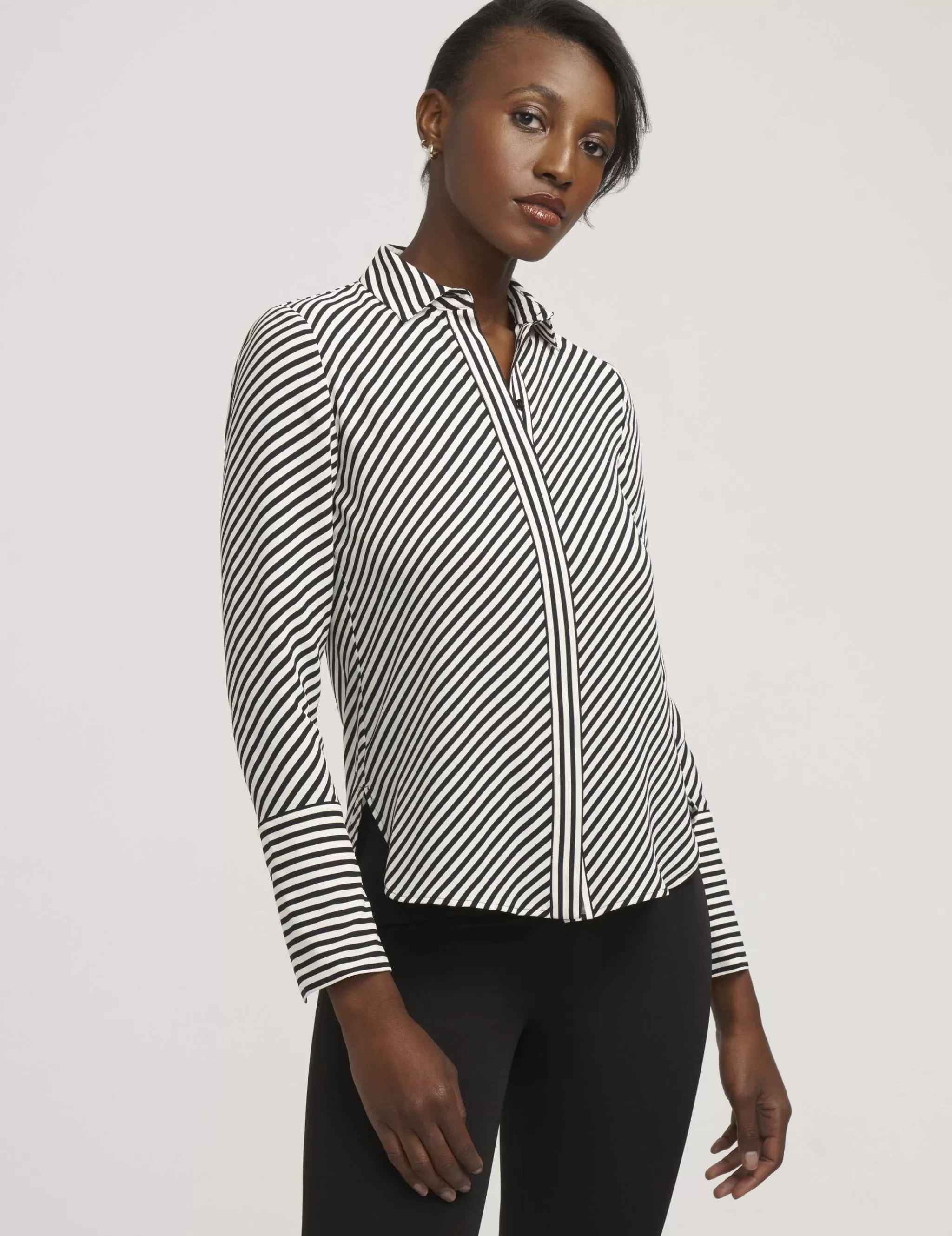 Best Anne Klein Stripe Blouse With Slit Cuffs Anne Black/Anne White